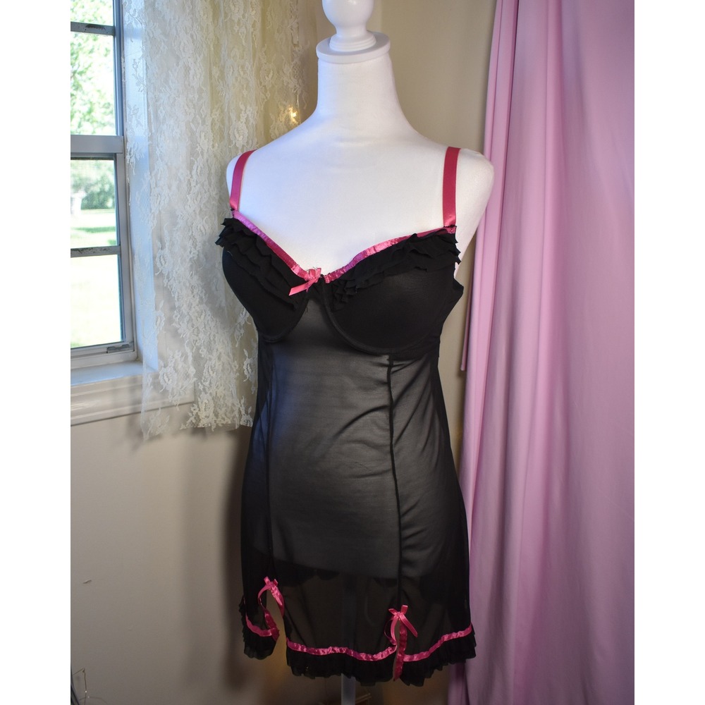 Angelina Jean Noir Mesh Babydoll Slip Black Pink Y2K Lingerie 1X 3086-49